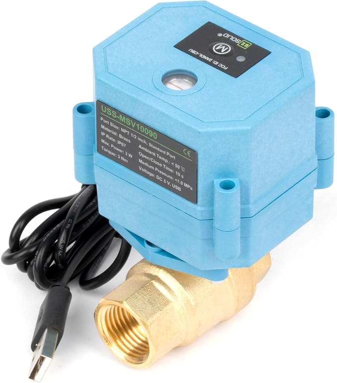 Motorized Ball Valve 1/2 in NPT U.S. Solid WiFi Smart 2-Way Brass Electric Valve USB Powered LED Indicator Remote On/Off for Water and Irrigation