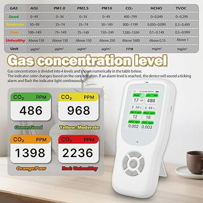 11-in-1 Air Quality Monitor - Portable Indoor Air Quality Detector with Stand, Real-Time Test for AQI, CO2, PM2.5, PM1.0, PM10, TVOC, HCHO, Particles, Humidity & Temperature