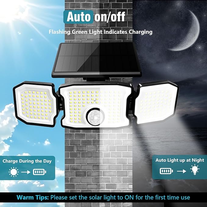 Solar Lights Outdoor Waterproof- 2800LM 200LED Solar Motion Sensor Lights, 3 Heads & 3 Modes Flood Lights, 270° Wide Angle Solar Powered Security Lights for Yard, Garage(1 Pack)