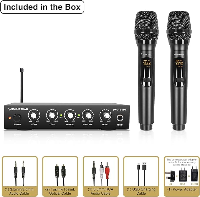 Sound Town Wireless Microphone Karaoke Mixer System with HD Audio Return Channel, Optical (Toslink), AUX, Supports Smart TV, Media Box, PC, Bluetooth, Soundbar, Receiver (SWM16-MAX)