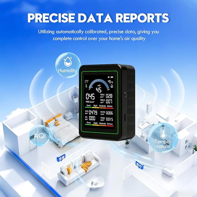 10 in 1 Indoor Air Quality Monitor, Portable Smartair Air Quality Tester, Portable air Quality Monitor Indoor,with AQI,Fit for Home Cars Office School and Nursery(Black)