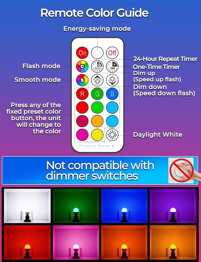 ILC RGB LED Light Bulb, Color Changing 40W Equivalent, 5700K Daylight White, 450LM 5W E26 Screw Base RGBW, Mood Light Bulb - 12 Color Choices - Timing Infrared Remote Control Included (8 Pack)