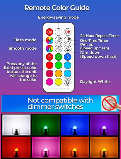 ILC RGB LED Light Bulb, Color Changing 40W Equivalent, 5700K Daylight White, 450LM 5W E26 Screw Base RGBW, Mood Light Bulb - 12 Color Choices - Timing Infrared Remote Control Included (4 Pack)