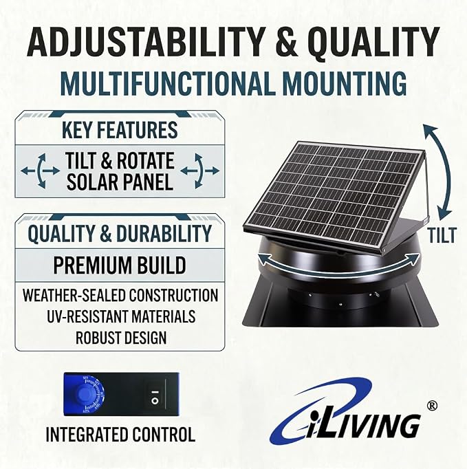 iLIVING HYBRID Ready Smart Thermostat Solar Roof Attic Exhaust Fan, 14", 40-Watt, 1150 CFM, Cools up to 2900 Sq.Ft. Coverage Area, Black