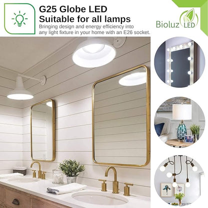 Bioluz LED G25 Globe Vanity Light Bulbs, 60W Equivalent, 2700K Warm White, 90 CRI, 450 Lumens, Dimmable, E26 Base – Bathroom Mirror Lighting 6 Pack