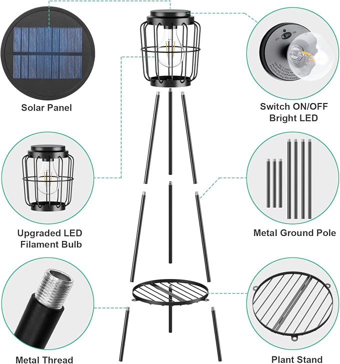 MXwcy 2 Pack Solar Lights Outdoor with Plant Stands, Solar Floor Lamp with LED Edison Bulbs for Garden Yard Pathway Driveway Front/Back Porch Decoration