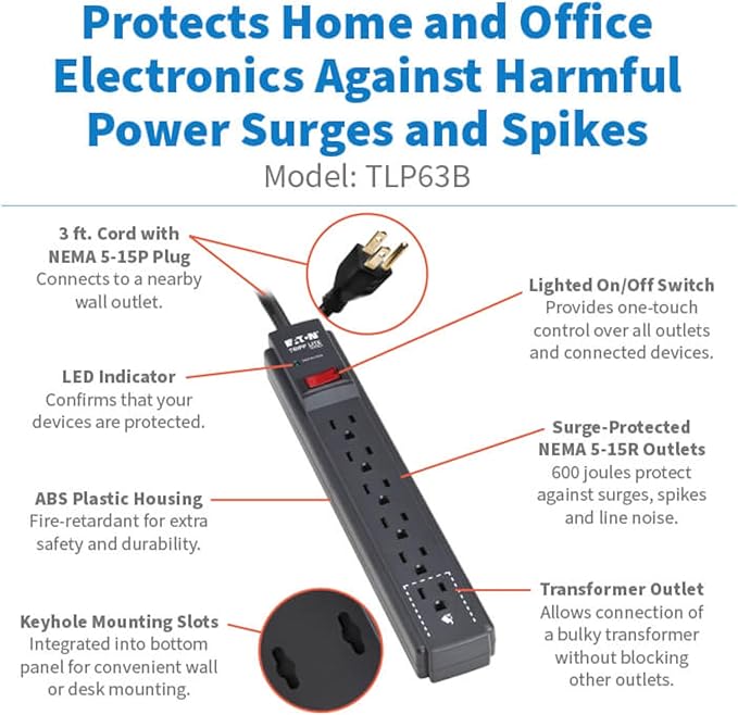 Eaton Tripp Lite Series 6-Outlet Surge Protector Power Strip, 3ft Extension Cord, 600 Joules, 15A Circuit Breaker, Black, Lifetime Manufacturer's Warranty & $10,000 Insurance (TLP63B)