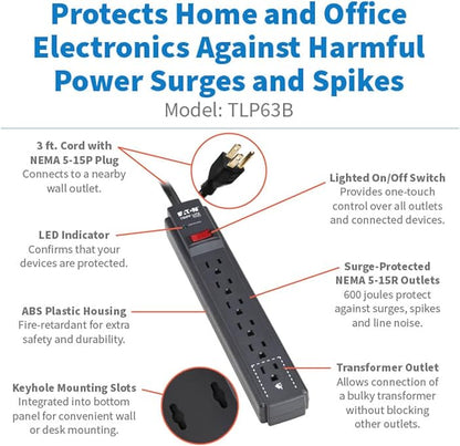 Eaton Tripp Lite Series 6-Outlet Surge Protector Power Strip, 3ft Extension Cord, 600 Joules, 15A Circuit Breaker, Black, Lifetime Manufacturer's Warranty & $10,000 Insurance (TLP63B)