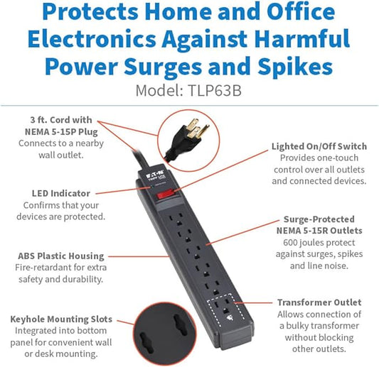 Eaton Tripp Lite Series 6-Outlet Surge Protector Power Strip, 3ft Extension Cord, 600 Joules, 15A Circuit Breaker, Black, Lifetime Manufacturer's Warranty & $10,000 Insurance (TLP63B)