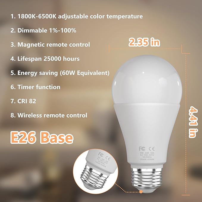 Amber Sleep Light Bulbs with Remote Control, 800LM 9W (60W Equivalent),Circadian Rhythm Light Bulb,Dim,1800K-6500K,E26,2.4G,Warm and Reading Light Bulb for Home Decor,2Bulb&1Remote