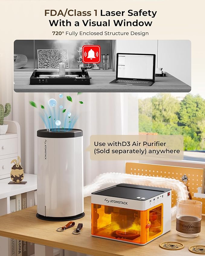ATOMSTACK D3 Air Purifier for P1 Laser Engraver Smoke Purifier for Laser Engraver with 3-Layer Fume Extractor Filter with Activated Carbon + HEPA Filter
