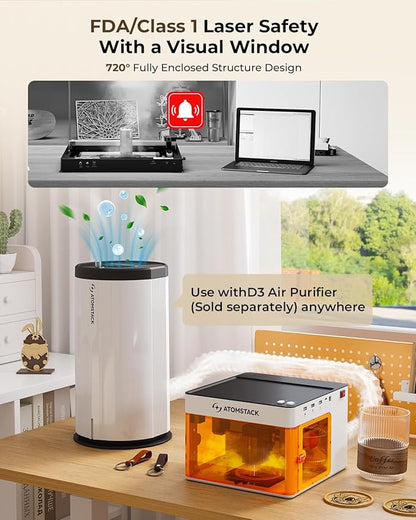 ATOMSTACK D3 Air Purifier for P1 Laser Engraver Smoke Purifier for Laser Engraver with 3-Layer Fume Extractor Filter with Activated Carbon + HEPA Filter