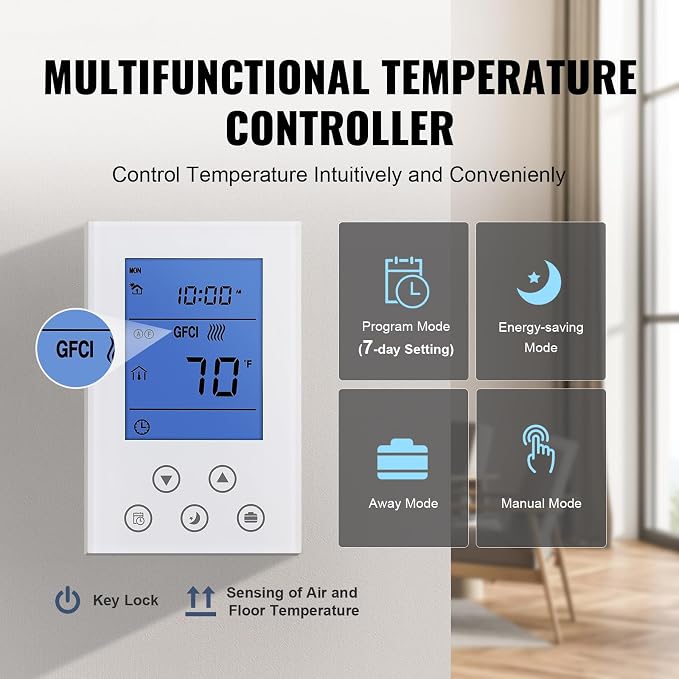 VEVOR Floor Heating Mat,100Sq.ft. 14℉-113℉ Electric Radiant Floor Heated Warm System with Digital Floor Sensing Thermostat, 110-120V Includes Installation Monitor, Adhesive Back for Easy Installation