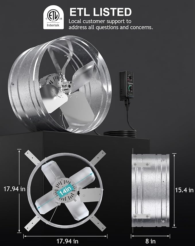iLiving NEW Upgraded 14" Wall Mounted Variable Speed Gable Exhaust Fan with Thermostat and Speed Controller for Greenhouse, Attics, Workshop, 2339 CFM, Coverage 3400 SqFt