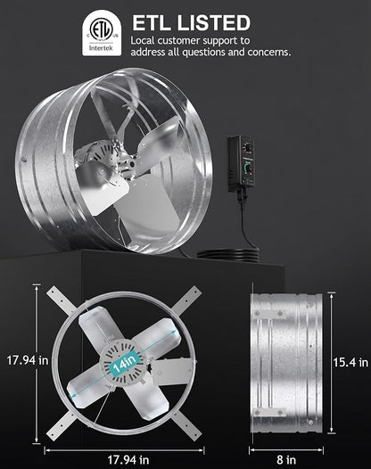 iLiving NEW Upgraded 14" Wall Mounted Variable Speed Gable Exhaust Fan with Thermostat and Speed Controller for Greenhouse, Attics, Workshop, 2339 CFM, Coverage 3400 SqFt