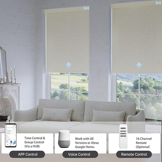 Motorized Blinds with Remote, Blackout Smart Blinds for Windows Automatic Roller Shades Compatible with Alexa, Motorized Shades Customized for Bedroom Home Office (Blackout-Linen Beige)