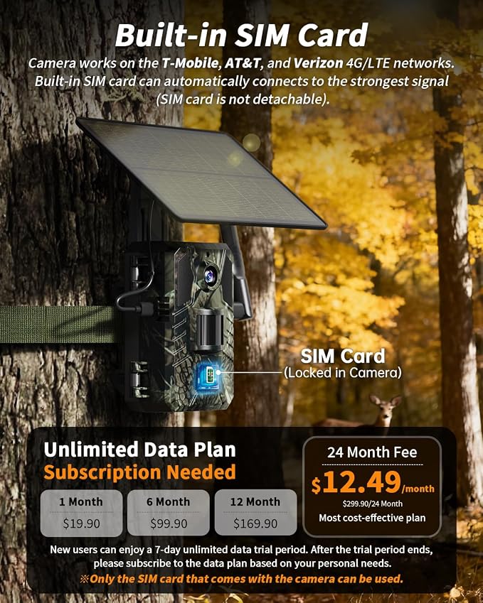 Loatos Trail Cameras, Cellular Trail Camera Bulit in 4G LTE SIM Card No WiFi Needed, 2k Live View Solar Powered Game Camera with 0.2s Fast Trigger Motion Activated IP66 Waterproof 3 Packs