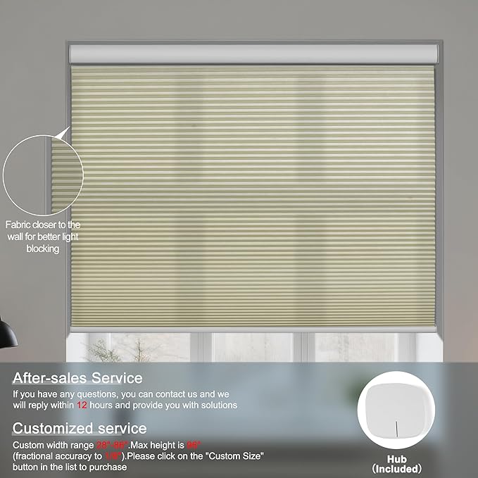BERISSA Motorized Cellular Shades, Light Filtering Smart Honeycomb Blinds with Remote Control & Hub, Custom Room Darkening Automatic Cellular Window Blinds for Home Office, Living Room, Door,Beige