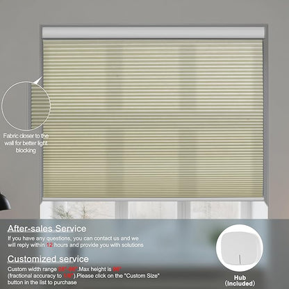 BERISSA Motorized Cellular Shades, Light Filtering Smart Honeycomb Blinds with Remote Control & Hub, Custom Room Darkening Automatic Cellular Window Blinds for Home Office, Living Room, Door,Beige