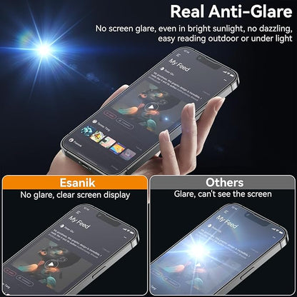 Esanik 2 Pack Matte Privacy Glass Screen Protector for iPhone 17e/16e/13/13 Pro/14 Anti-Glare & Anti-Spy,Anti-Reflection, Smooth as Silk, Military-Grade 9H Hardness,Flawless Fit Tray