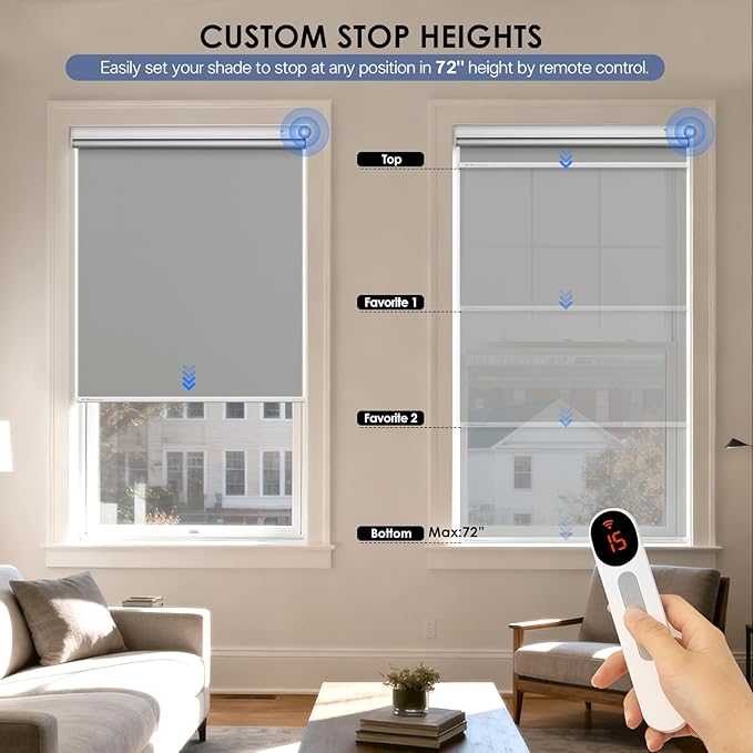 Motorized Roller Blinds with Remote Control & Solar Panel - 100% Blackout Smart Blinds, Automatic, Cordless, Electric Shades - Compatible with Alexa - Grey, 48" W x 72" H