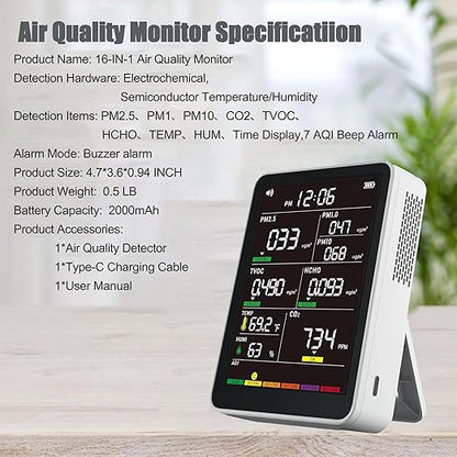 Professional Indoor Air Quality Monitor with AQI Alerts, Portable Real-Time Detector for Home, Car, Plants & Pet (Pearl White)