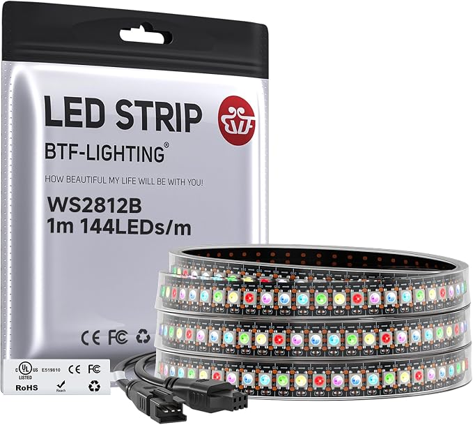 BTF-LIGHTING WS2812B IC RGB LED Strip,UL Listed,Pure Gold Wires,DC5V 3.28FT 144LED 5050SMD,Individually Addressable,Flexible for DIY Chasing Full Color Project,IP67(No Adapter or Controller)