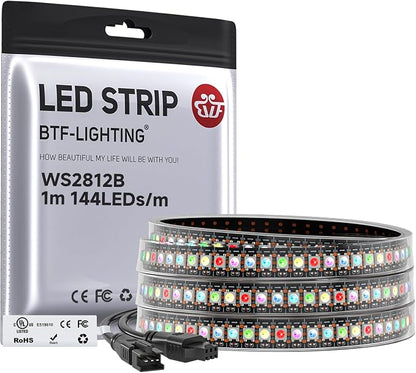 BTF-LIGHTING WS2812B IC RGB LED Strip,UL Listed,Pure Gold Wires,DC5V 3.28FT 144LED 5050SMD,Individually Addressable,Flexible for DIY Chasing Full Color Project,IP67(No Adapter or Controller)