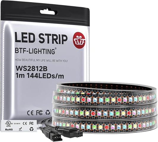 BTF-LIGHTING WS2812B IC RGB LED Strip,UL Listed,Pure Gold Wires,DC5V 3.28FT 144LED 5050SMD,Individually Addressable,Flexible for DIY Chasing Full Color Project,IP67(No Adapter or Controller)