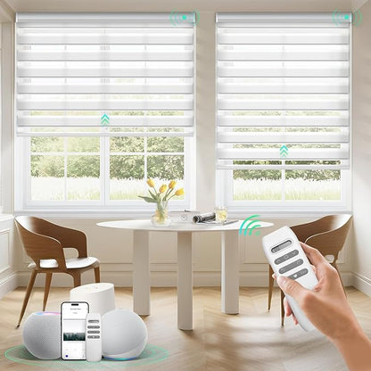 HeyBlinds Motorized Zebra Blinds with Remote, Smart Cordless Electric Zebra Shades for Indoor Windows Compatible with Alexa Google & Homekit, Custom Size (Simple-White LF)