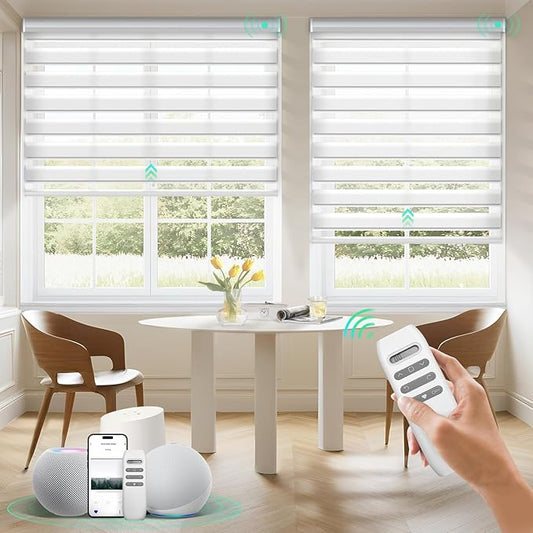 HeyBlinds Motorized Zebra Blinds with Remote, Smart Cordless Electric Zebra Shades for Indoor Windows Compatible with Alexa Google & Homekit, Custom Size (Simple-White LF)