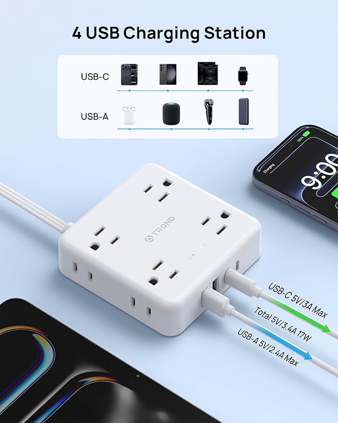 TROND Power Strip, 360° Rotating Flat Plug, 8 Widely Spaced Outlets, 2U2C Ports, Flat Plug Extension Cord 3ft, 1440J Surge Protector, 1625W, White