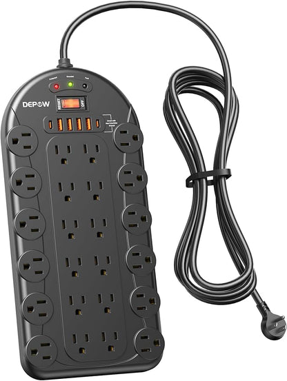 DEPOW Power Strip, 24 AC Outlets (1875W/15A) with 6 USBs (2 USB-C Ports), ETL Listed, Surge Protector (3,400 Joules), 8 Ft Heavy Duty Flat Plug Extension Cord, Wall Mountable for Home, Office, Black