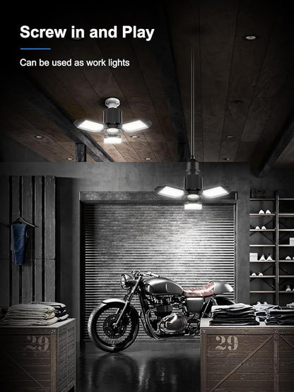 toberich LED Garage Light Bulbs 2 Pack, 8000LM Shop Lights with 3+1 Deformable Panels, 6500K Screw in Ceiling Lights Bay Lighting for Garage, Workshop, Workbench, Basement