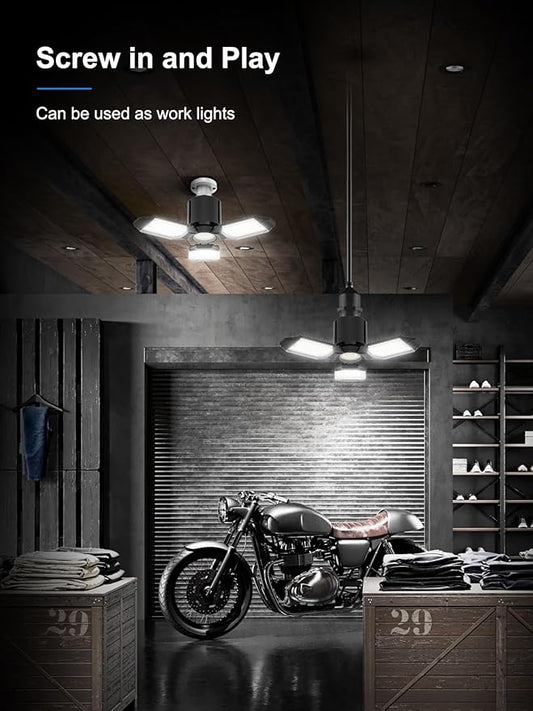 toberich LED Garage Light Bulbs 2 Pack, 8000LM Shop Lights with 3+1 Deformable Panels, 6500K Screw in Ceiling Lights Bay Lighting for Garage, Workshop, Workbench, Basement