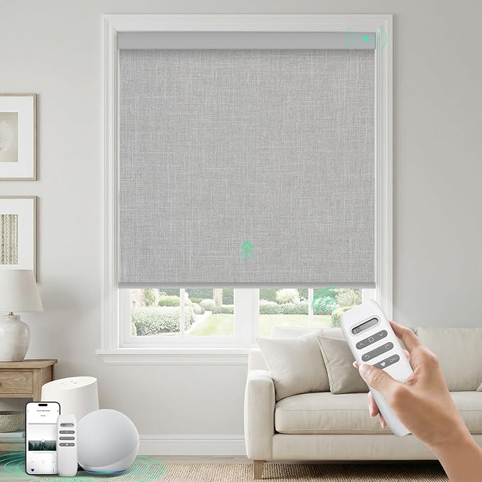 HeyBlinds Blackout Motorized Smart Blinds with Remote, Automatic Electric Shades for Windows (Breeze- Light Grey BO, 44" W x 72" H)