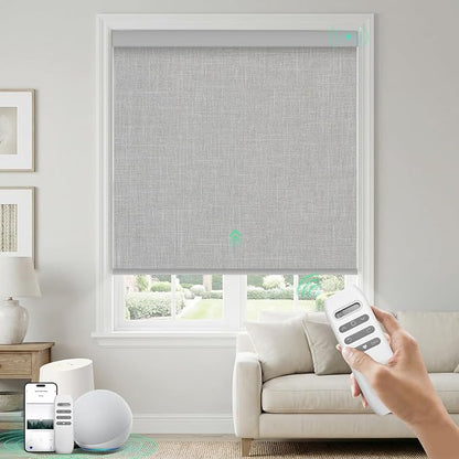 HeyBlinds Blackout Motorized Smart Blinds with Remote, Automatic Electric Shades for Windows (Breeze- Light Grey BO, 44" W x 72" H)