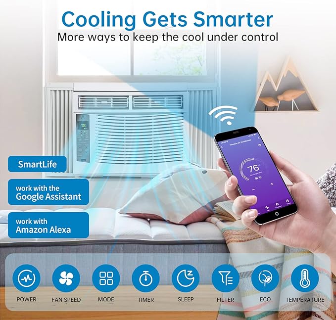 6000 BTU Window Air Conditioner, Smart WiFi AC Unit with Remote Control & Digital Display, Quiet Cooling for Small Rooms up to 250 Sq. Ft., Dehumidifier & Fan Modes, Easy Installation, White