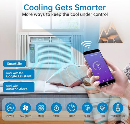 6000 BTU Window Air Conditioner, Smart WiFi AC Unit with Remote Control & Digital Display, Quiet Cooling for Small Rooms up to 250 Sq. Ft., Dehumidifier & Fan Modes, Easy Installation, White