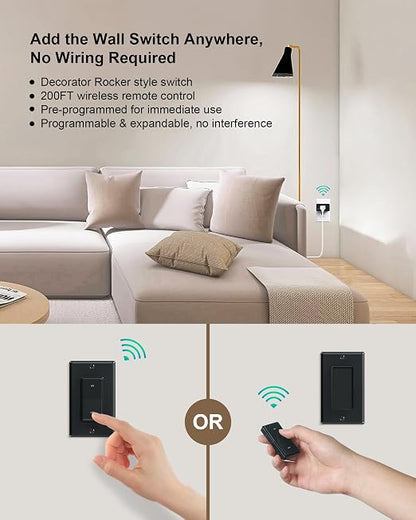Remote Control Outlet Plug with Decorator Rocker Wall Switch,Black