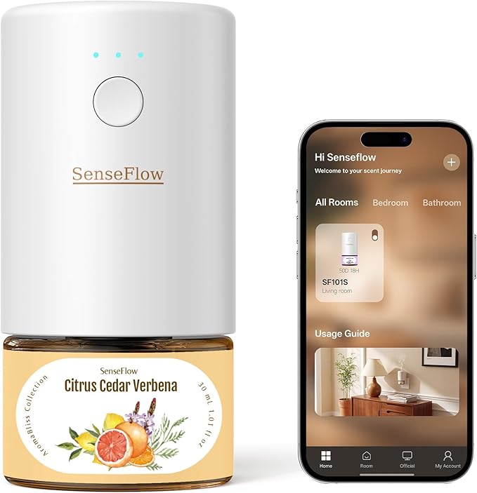 SF101S Smart Fragrance Diffuser - Wi-Fi Aromatherapy, Adjustable Atomizer, 40-Day Scent, LED Light, 2 Essential Oils, Ideal for Home, Hotel, Studio Citrus Grove Essence
