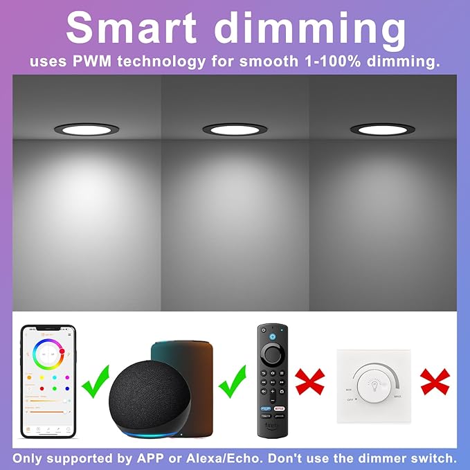 SikSog Black Smart Recessed Lighting 6 Inch RGBCW Color Changing 16W LED Downlight with Junction Box,1350 Lumen Recessed Ceiling Light Compatible with Alexa,Dimmable by Bluetooth Control -6Pack