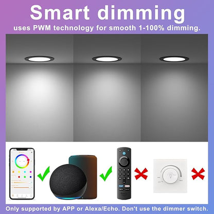 SikSog Black Smart Recessed Lighting 6 Inch RGBCW Color Changing 16W LED Downlight with Junction Box,1350 Lumen Recessed Ceiling Light Compatible with Alexa,Dimmable by Bluetooth Control -6Pack