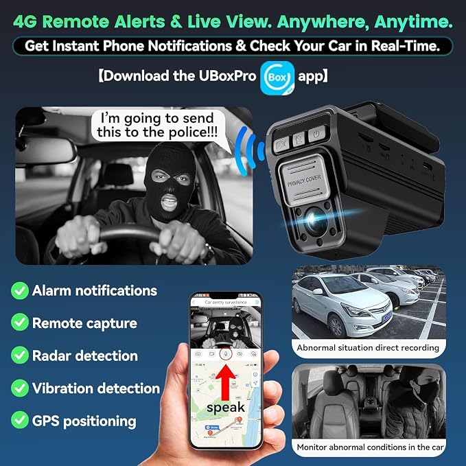 4G LTE Dash Cam Front and Inside, Dual 2K Car Security Camera with Remote Live View, GPS Tracking, Cloud Backup, AI Motion Detection, Sentry Mode, 2-Way Audio, IR Night Vision, OBD, 32GB Card