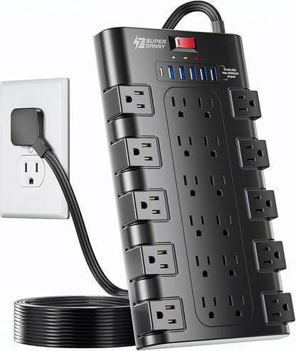 Flat Plug Power Strip, SUPERDANNY Surge Protector with 22 AC Outlets and 6 USB Charging Ports, 1875W/15A, 2100 Joules, 6.5Ft Heavy Duty Extension Cord for Home Office, Dorm, Gaming Room, Black