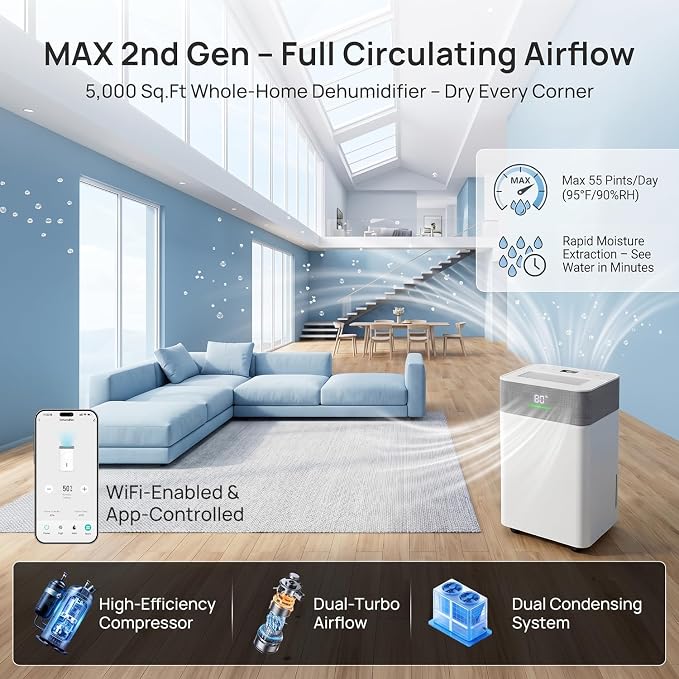 Uthfy 5000Sq.Ft Dehumidifier for Basement with Drain Hose,Smart Compressor Dehumidifiers for Home, Bedroom,with Reusable Filter,Dual-Screen,Child Lock,Intelligent Humidistat,24H Timer,WiFi App Control