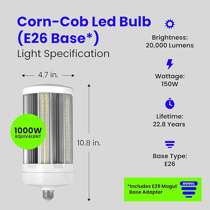 Feit Electric C20000/5K/LED 1000 Watt Equivalent 175W Corn Cob High 20,000 Lumen LED Light Bulb, 13.4"H x 5.3"D, Daylight 5000K