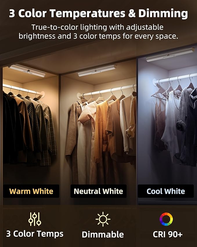 EZVALO 15-inch Motion Closet Lights with Rotatable Sensor, Rechargeable Under Cabinet Lighting, No-Glare, 3 Color Temps & Dimmable LED Sensor Light Indoor for Pantry, Wardrobe - 2 Pack