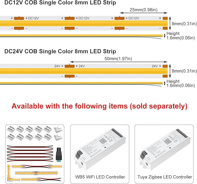 Flexible COB LED Strip Light 12V 4000K Natural White Color, 480LEDs/m 11W/m 16.4FT CRI 90, Super Bright Ribbon LED Tape for Bedroom Kitchen Home Ceiling Decor (DC12V, Without Power Supply)