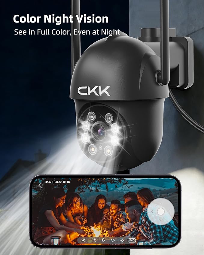 CKK 2K Security Camera Outdoor Corded Power, 2 Pcs 3MP PTZ WiFi Home Security Camera - 2.4G/5G Dual-Band, 360° Pan-Tilt, Color Night Vision, Motion Alerts, 2-Way Audio, 24/7 Recording, Waterproof